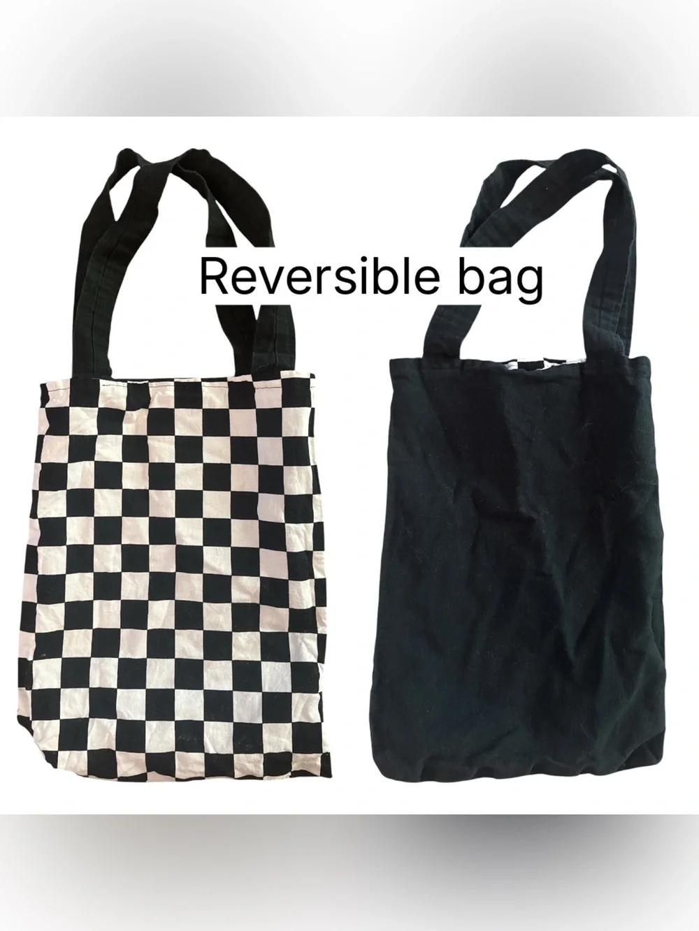 Reversible Checkerboard Tote Bag - Black & White Handmade Canvas Purse Checkered